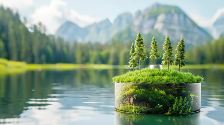 This beautiful scene features a miniature forest ecosystem set on a calm lake, surrounded by majestic mountains. Ideal for eco-friendly themes.の素材