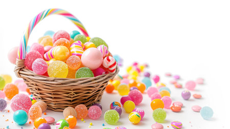 A delightful basket filled with assorted colorful candies, perfect for festive celebrations. The bright and cheerful arrangement enhances the joy of any holiday.の素材