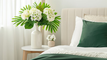 This image showcases a beautifully styled bedroom featuring elegant flower arrangements, soft bedding, and natural light, creating a serene and inviting atmosphere.の素材