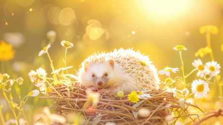 This heartwarming image features an adorable hedgehog resting comfortably in a nest surrounded by beautiful flowers, illuminated by gentle sunlight, evoking a sense of tranquility and warmth.の素材