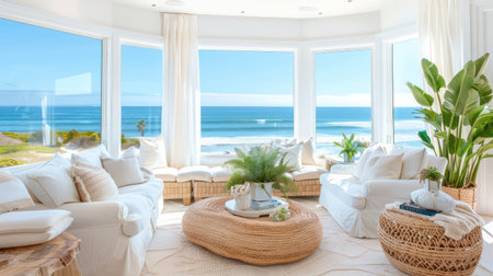 This stunning coastal living room showcases an inviting design with white furniture, natural textures, and lush green plants. Bathed in sunlight, the space offers breathtaking ocean views that create a tranquil atmosphere perfect for relaxation and leisure.の素材
