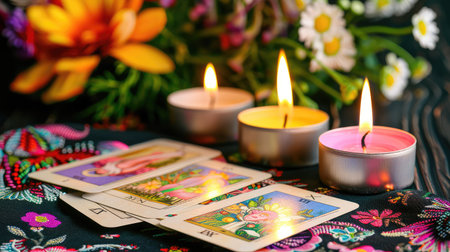 A serene composition featuring tarot cards placed on colorful fabric, complemented by glowing candles and blossoms, evoking a sense of mysticism and tranquility.の素材