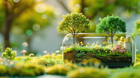 A captivating miniature landscape inside a glass terrarium, featuring two lush trees and colorful flowers, illuminated by gentle sunlight, symbolizing nature's beauty.の素材