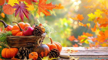 A vibrant autumn harvest scene featuring a basket filled with pumpkins, pine cones, and colorful leaves, evoking warmth and seasonal beauty.の素材