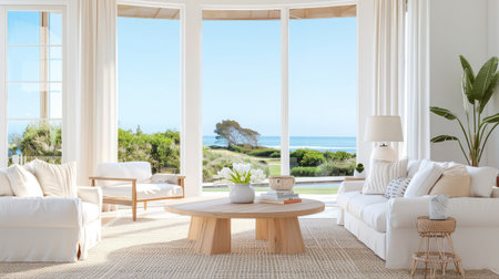 This bright and inviting living room features large windows offering a stunning coastal view. The modern design combines comfort and style with soft white furniture and natural elements, creating a serene atmosphere perfect for relaxation and enjoyment.の素材
