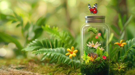 A captivating terrarium features a vivid display of flowers and lush greenery, complemented by a butterfly, showcasing nature's beauty and tranquility.の素材
