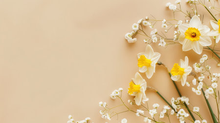 A beautiful arrangement of fresh daffodils and delicate baby's breath flowers on a soft beige background, perfect for spring-themed projects.の素材
