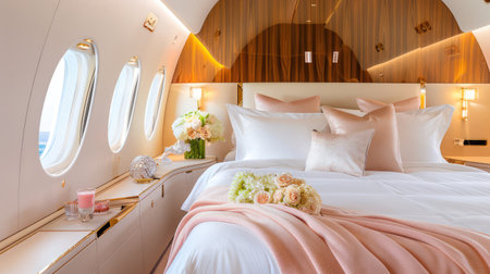 Experience the beauty of a luxurious airplane interior featuring elegant bedding, soft textiles, and floral arrangements designed for a tranquil journey.の素材