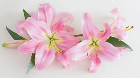 A stunning arrangement of pink lilies showcases the beauty of nature, with soft petals and lush leaves against a serene white background, perfect for floral themes.の素材
