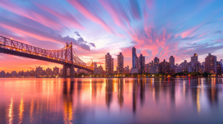 Capture the beauty of a city skyline during a stunning sunset, highlighting vibrant colors across the sky and reflections on the water's surface.の素材