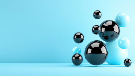 This image features an arrangement of glossy black and blue spheres on a soft blue background, creating a vibrant and modern visual appeal. Perfect for contemporary design projects.の素材