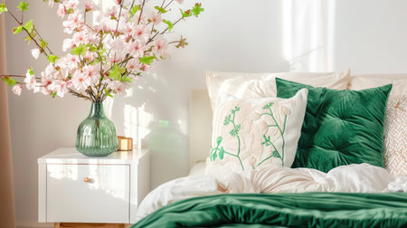 This inviting bedroom features fresh green accents and delicate pink cherry blossoms, creating a tranquil atmosphere perfect for relaxation and comfort.の素材