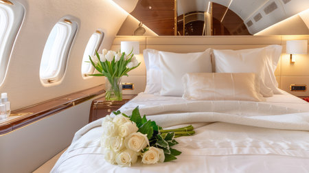 This stunning private jet interior showcases lavish bedding with elegant white roses, creating a serene and luxurious travel environment perfect for relaxation.の素材