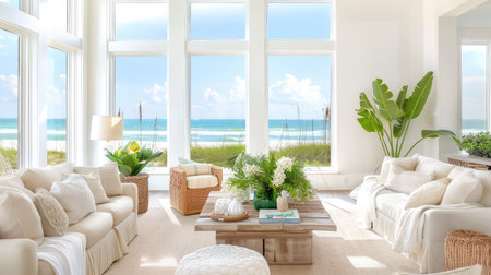 A stunning coastal living room featuring large windows that showcase a breathtaking ocean view. The bright, airy space combines comfort and style, with natural light flooding in.の素材