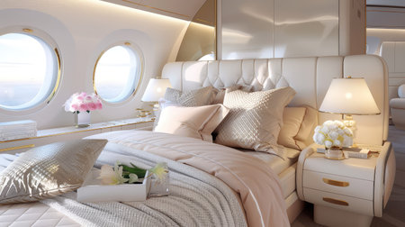 Experience the ultimate in luxury with this beautifully designed bedroom inside a private jet, featuring plush bedding, elegant decor, and serene ambiance.の素材