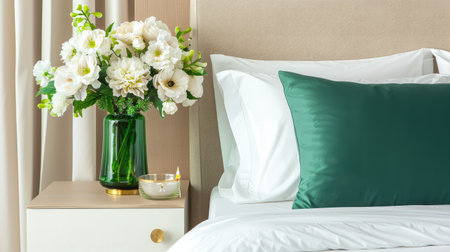 A serene bedroom scene featuring a stylish arrangement of white flowers in a green vase on a nightstand next to a neatly made bed with a soft green pillow.の素材
