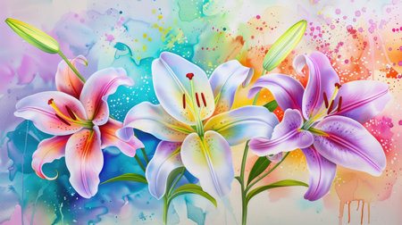 This vibrant watercolor artwork features lush lily flowers in soft pastel colors against an abstract background, perfect for decoration and nature lovers.の素材