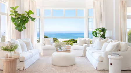 A bright and airy living room that showcases a stunning ocean view through large windows. The space features white furniture, soft textiles, and indoor plants, creating a serene and inviting atmosphere perfect for relaxation and enjoyment.の素材