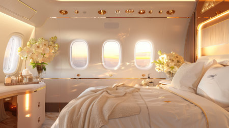 Experience the exquisite design of a luxury private jet bedroom, featuring elegant decor, soft lighting, fresh flowers, and a breathtaking sunset view through expansive windows.の素材