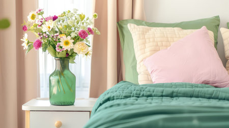 A cozy bedroom scene featuring a beautiful arrangement of fresh flowers in a green vase beside a bed with soft green bedding and pastel pillows, perfect for relaxation.の素材
