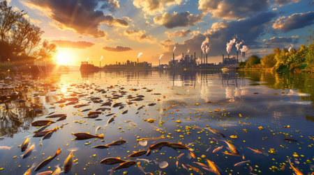 This stunning image captures a serene sunset over an industrial landscape, highlighting fish swimming peacefully in the calm river below.の素材