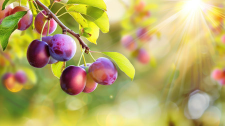 A close-up view of ripe plums hanging from a branch, illuminated by warm sunlight, surrounded by soft green foliage, evoking the essence of summer freshness.の素材