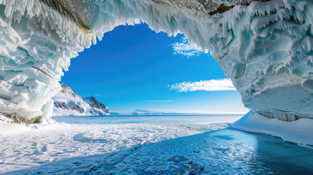 Stunning frozen cave adorned with icicles under a brilliant blue sky, showcasing the breathtaking icy seascape, ideal for nature and travel enthusiasts.の素材