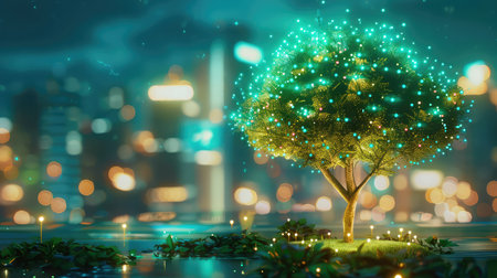 A magical tree illuminated with glowing lights stands against a dreamy city backdrop, creating a serene atmosphere infused with fantasy and beauty.の素材