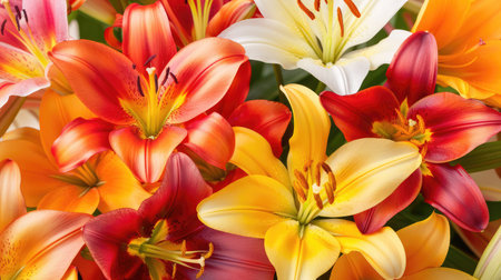 A stunning display of colorful lilies in vibrant shades of red, orange, yellow, and white, ideal for use in floral arrangements or nature-themed designs.の素材