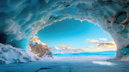 Explore a breathtaking ice cave entrance showcasing stunning glacial formations under a bright sky in a remote Arctic landscape. The scene captures the serene beauty of winter, with vibrant blues and whites that evoke a sense of tranquility and adventure. Perfect for outdoor enthusiasts and nature lovers.の素材
