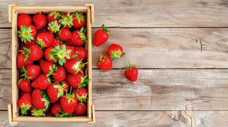 A stunning arrangement of fresh red strawberries placed in a natural wooden box, ideal for showcasing summer's vibrant bounty. Perfect for health and food enthusiasts.の素材