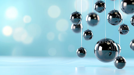 This captivating image features elegant black spheres gently floating against a soft blue backdrop, creating a serene atmosphere filled with bokeh lights.の素材