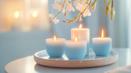 A charming arrangement featuring soft blue candles on a tray, surrounded by delicate flowers, creates a peaceful and relaxing atmosphere perfect for any cozy setting.の素材