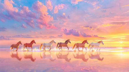 A captivating scene of majestic horses walking along a picturesque beach at sunset, reflecting vibrant colors in the calm water, embodying freedom and serenity.の素材