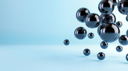 This image features an artistic arrangement of glossy black spheres set against a light blue background. The composition emphasizes modern aesthetics, depth, and elegance.の素材