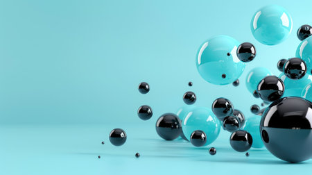 This image showcases an abstract arrangement of vibrant black and turquoise spheres on a soft turquoise background, reflecting modern design aesthetics and creativity.の素材