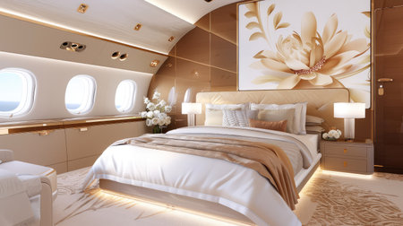 Experience luxury in this stylish private jet interior featuring a chic bedroom with floral decor, calming colors, and ample natural light.の素材