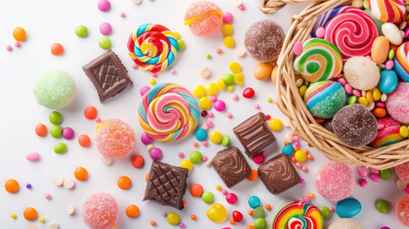 This vibrant arrangement showcases an assortment of colorful candies and sweets spilling from a basket, perfect for evoking joy and nostalgia.の素材
