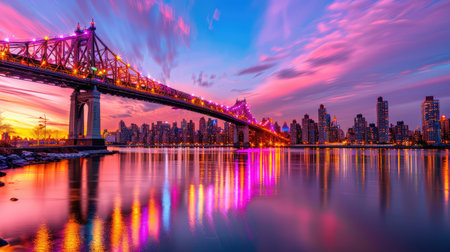A spectacular view of the Queensboro Bridge at sunset, illuminating the skyline of New York City with vibrant colors and reflections in the serene East River.の素材