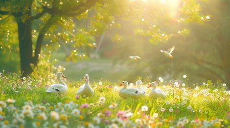 A picturesque meadow alive with colorful wildflowers and gentle sunlight, featuring a group of ducks enjoying the serene spring atmosphere.の素材