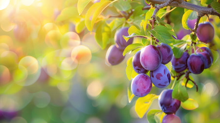A beautiful image showcasing plums hanging from a branch, illuminated by warm sunlight. The colorful fruits contrast against lush green leaves and a dreamy bokeh background, evoking a sense of nature's tranquility.の素材