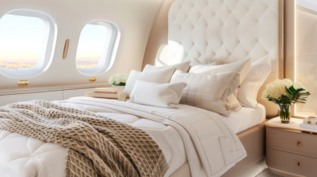 This image showcases a luxurious airplane interior featuring a plush bedroom with elegant bedding, soft pillows, and tranquil decor, creating a perfect retreat in the sky.の素材