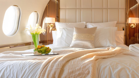 Experience luxury and comfort in this beautifully designed bedroom interior of a private jet featuring elegant decor, fresh flowers, and soft lighting.の素材