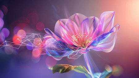 A stunning digital representation of a flower embracing vibrant colors and light effects, set against an abstract backdrop that enhances its beauty.の素材
