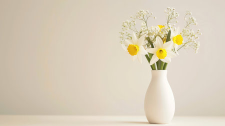 A beautiful bouquet featuring daffodils and delicate gypsy flowers in a sleek white vase, enhancing any decor with a touch of spring elegance and charm.の素材