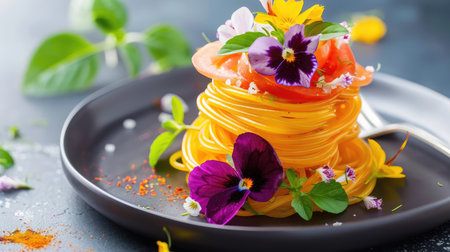 This exquisite pasta dish showcases a beautiful arrangement of colorful edible flowers, fresh tomatoes, and herbs, perfect for culinary art lovers.の素材