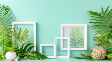 This image showcases a modern interior design featuring white frames and lush greenery against a mint background, perfect for creative decor inspiration.の素材