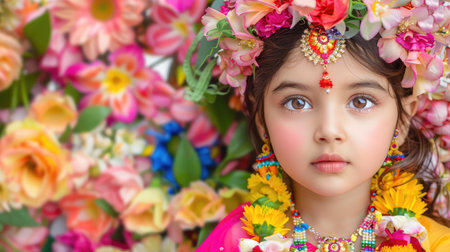 A captivating portrait of a young girl adorned in a vibrant floral dress and a stunning flower crown, set against a colorful floral backdrop. Her expressive eyes and charming smile radiate joy and innocence, embodying cultural celebration and beauty.の素材