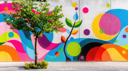 A stunning urban mural features vibrant colors and playful patterns, complemented by a small tree, creating a lively and artistic atmosphere in the city.の素材