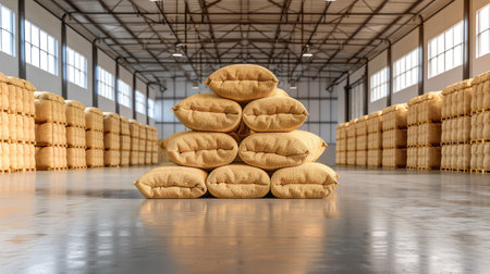 A visually striking image showcasing a stack of yellow burlap bags arranged neatly in a spacious and well-lit warehouse, emphasizing organization and industrial design.の素材